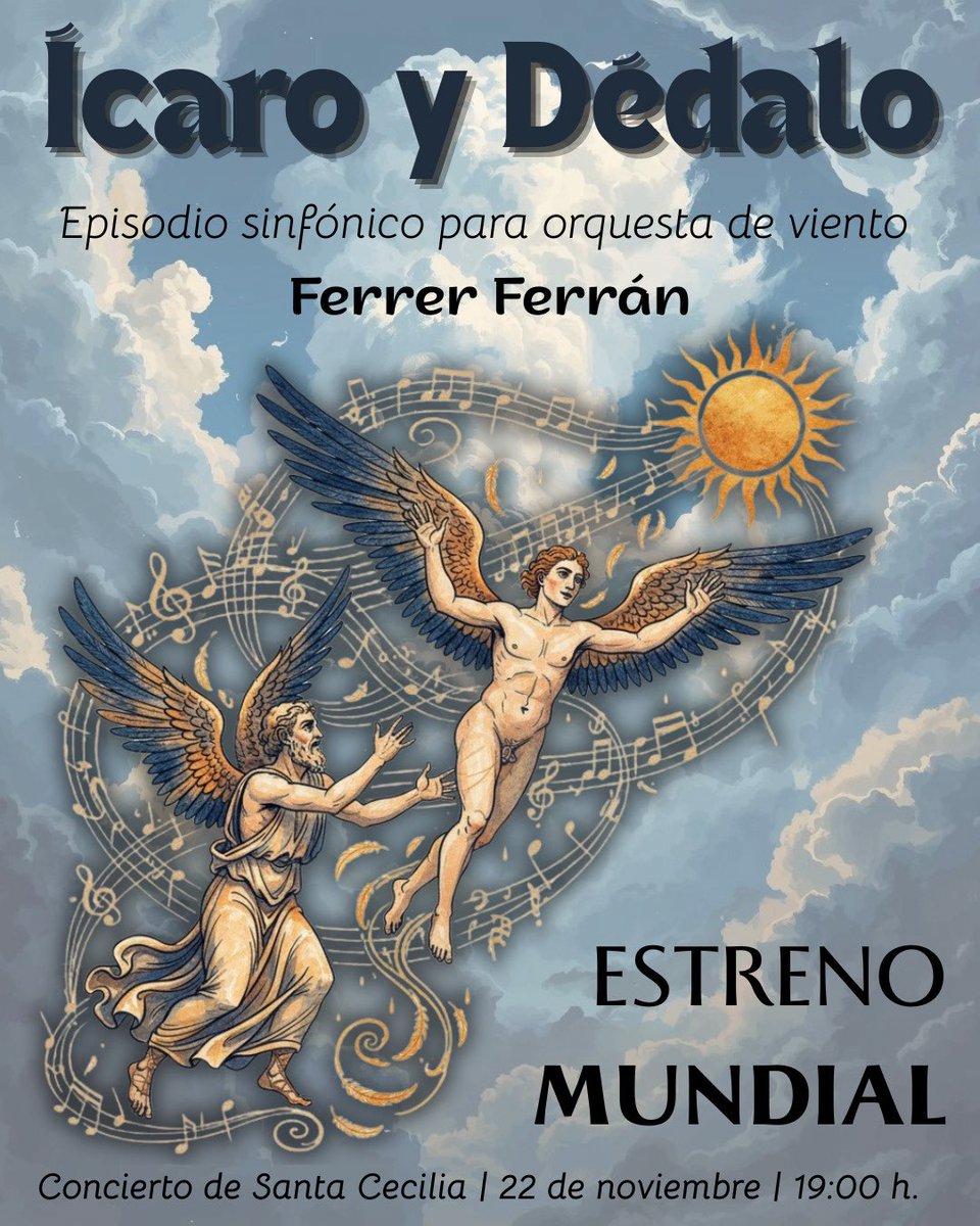 BandadeArmilla's tweet photo. 🆕 𝐄𝐒𝐓𝐑𝐄𝐍𝐎 𝐌𝐔𝐍𝐃𝐈𝐀𝐋 | “𝐈𝐜𝐚𝐫𝐨 𝐲 𝐃𝐞́𝐝𝐚𝐥𝐨”, poema sinfónico dedicado a nuestro municipio y a la 𝐁𝐚𝐬𝐞 𝐀𝐞́𝐫𝐞𝐚 𝐝𝐞 𝐀𝐫𝐦𝐢𝐥𝐥𝐚, tendrá lugar el estreno y su interpretación mañana en nuestro tradicional concierto en honor a Santa Cecilia con la presencia de su compositor, Ferrer Ferran.

🚁 Para nosotros y para la ciudad de Armilla, la base aérea representa progreso, disciplina y un vínculo permanente con la historia del vuelo. Simboliza el deseo humano de superación y la conexión con el cielo. 

Es por ello que nuestra formación ha querido rendir homenaje a esta institución fundamental encargando a Ferrer Ferran una obra inspirada en el célebre mito griego de “Ícaro y Dédalo”, que encarna la aspiración eterna a volar y el equilibrio entre la sabiduría, riesgo y libertad.

👼🏼 Dédalo, un talentoso arquitecto, fue encarcelado junto a su hijo Ícaro en el laberinto de Creta por donde del rey Minos. Para escapar, construyó unas alas con plumas y cera. Antes de volar, advirtió a Ícaro que no volara ni demasiado algo, para evitar que el sol derritiera su cara, ni demasiado bajo, para que el mar no mojara las alas.

Sin embargo, Ícaro, emocionado por la libertad, desobedeció y voló demasiado alto. El calor del sol derritió la cera, sus alas se deshicieron y cayó al mar, donde murió ahogado. Dédalo, lleno de dolores logró llegar a salvo a Sicilia.

@AytoArmilla | @FerrerFerran_