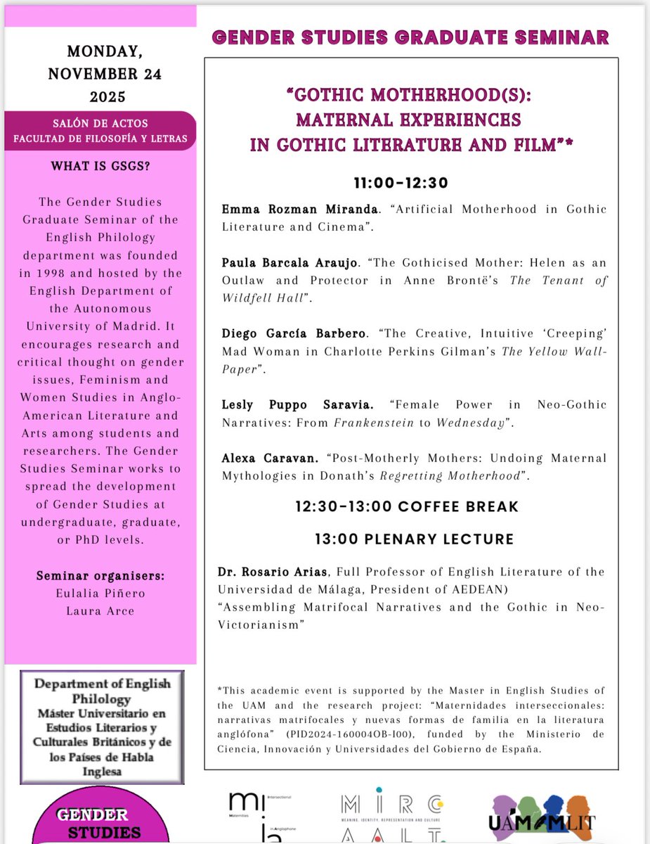 Este próximo lunes 24, a las 11h, comenzará una nueva edición del Gender Studies Seminar. Contaremos con la ponencia plenaria de ⁦<a href="/rosarioariasUMA/">Rosario Arias</a>⁩, presidenta de ⁦<a href="/aedeaninfo/">AEDEAN</a>⁩. Os esperamos en el Salón de Actos!