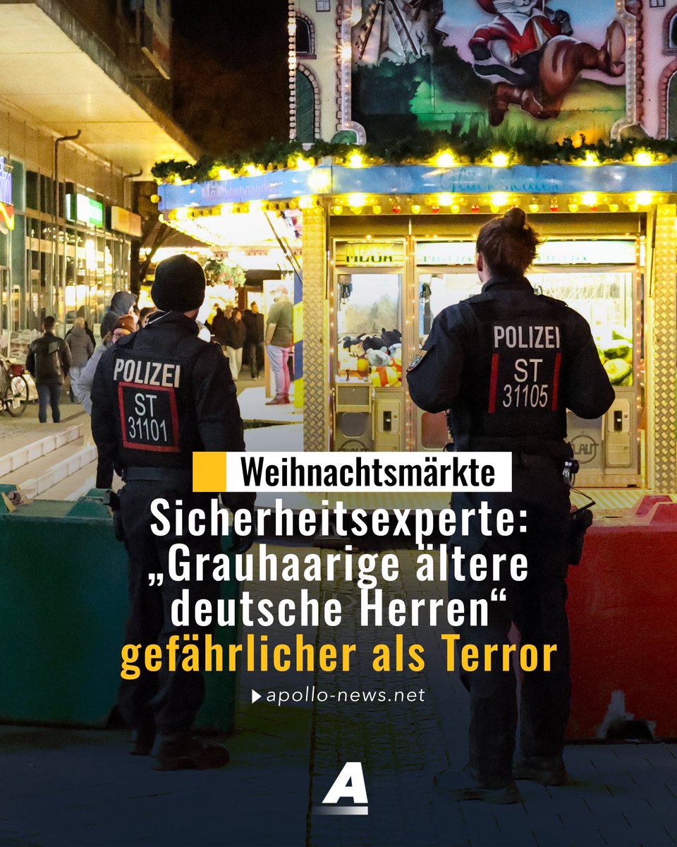 apollo_news_de's tweet image. Nach dem Anschlag von Magdeburg verschärfen Städte ihre Sicherheitsmaßnahmen. Der Sicherheitsexperte Stephan Trogus erklärt im Tagesspiegel, dass ein „weitaus größeres Risiko“ von „grauhaarigen älteren deutschen Herren“ ausgeht als von Attentätern.
apollo-news.net/sicherheitsexp…
