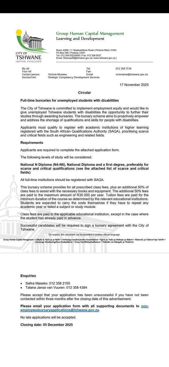 kholofeloMorodi's tweet image. I am incredibly proud to announce that we are opening FULL-TIME BURSARIES for unemployed students living with disabilities!

If you are from Tshwane, unemployed, living with a disability and dreaming of studying Engineering or any scarce &amp;amp; critical skill – this is YOUR…
