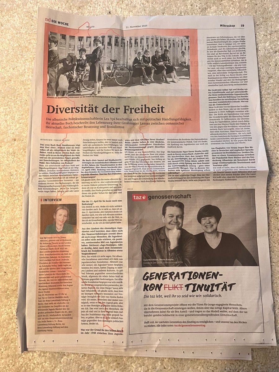 Am Montag (24. 11. 20 Uhr) freuen wir uns auf die <a href="/suhrkamp/">Suhrkamp Verlag</a>  Erfolgsautorin Lea Ypi in der <a href="/rosaluxstiftung/">🔴 Rosa-Luxemburg-Stiftung</a> oder im Livestream.
Unser Kollege Fabian Kunow konnte Lea Ypi im Vorfeld für <a href="/ndaktuell/">nd.Aktuell</a> interviewen. Hierzu lesen:
nd-aktuell.de/artikel/119560…
