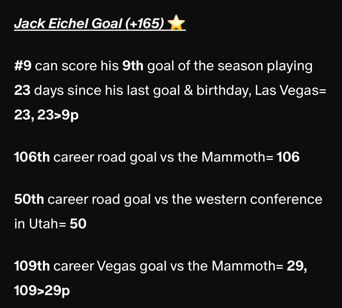 Eichel #9 finally scores after 23 days for Las Vegas= 23, 23>9p, overall fade day but bounce back today &amp; this wknd🤝

JACK EICHEL GOAL✅ +165

#gematria #nhl #vegasborn