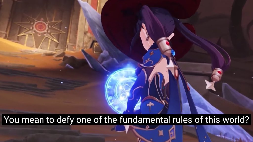 gayshinoa's tweet image. the voice of barbeloth saying “you mean to defy the fundamental rules of this world?” appearing just as mona megistus, her STUDENT who’s always firmly believed in fate as an integral part of teyvat, stands in front of a dead nation that defied teyvat’s fundamental rules…