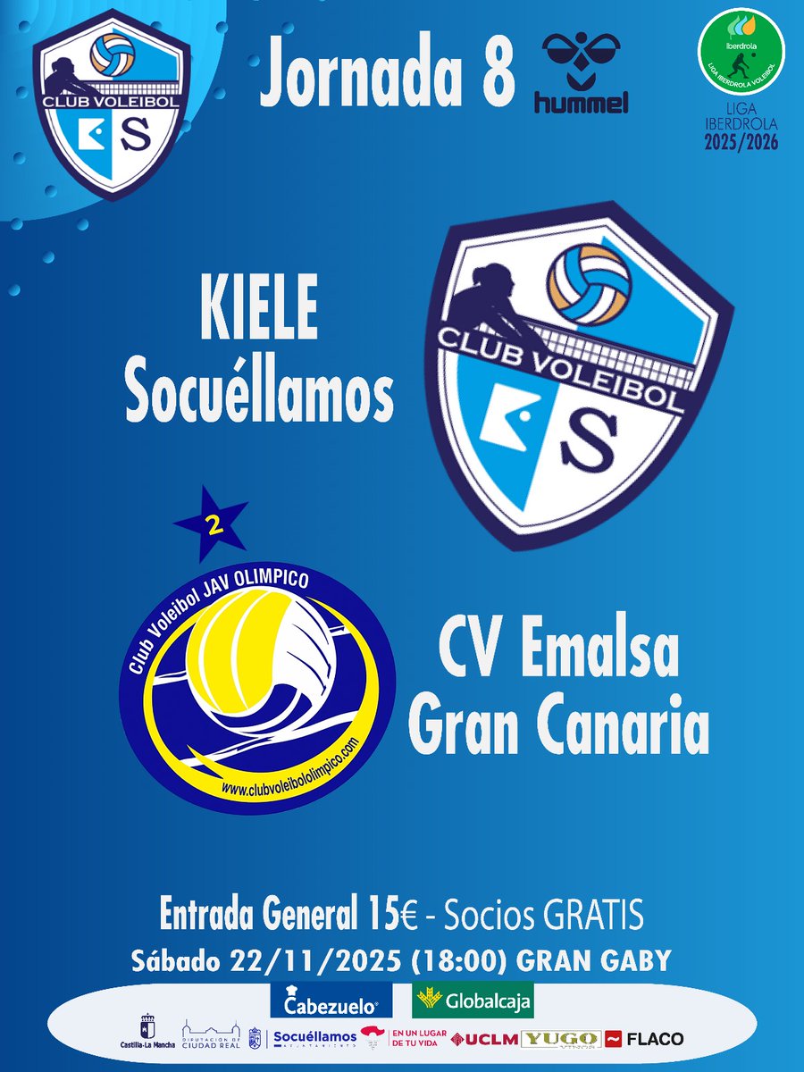 🔥JORNADA 8 – LIGA IBERDROLA🔥
Este sábado 22/11 a las 18h vivimos un auténtico partidazo en el Gran Gaby 💥

🏐 KIELE Socuéllamos
vs
🏐 CV Emalsa Gran Canaria

💙 ¡Te necesitamos en la grada!
🎟️ Entrada general: 15€
🆓 Socios: GRATIS

¡QUE RETUMBE EL GRAN GABY! 🔵💥
#VamosKiele
