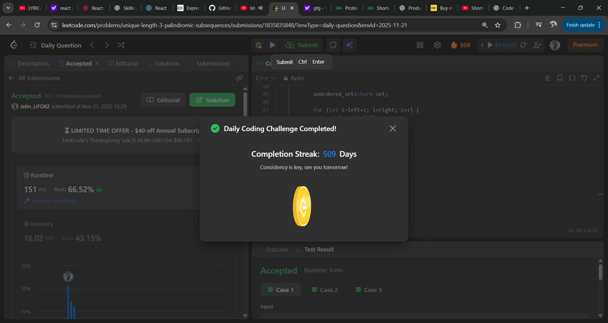 Jatin_lifo82's tweet image. 🌟Day 324 👨‍💻. 
Solve @geeksforgeeks || @LeetCode 
POTD Cpp⚡
Question LC. 1930. Unique Length-3 Palindromic Subsequences ✅. 
Question GFG. Shortest Path Using Atmost One Curved Edge Hard✅. 
#geeksforgeeks #leetcode #DSA #POTD 
@LeetCode @geeksforgeeks #CPP25 #CodingChallenge