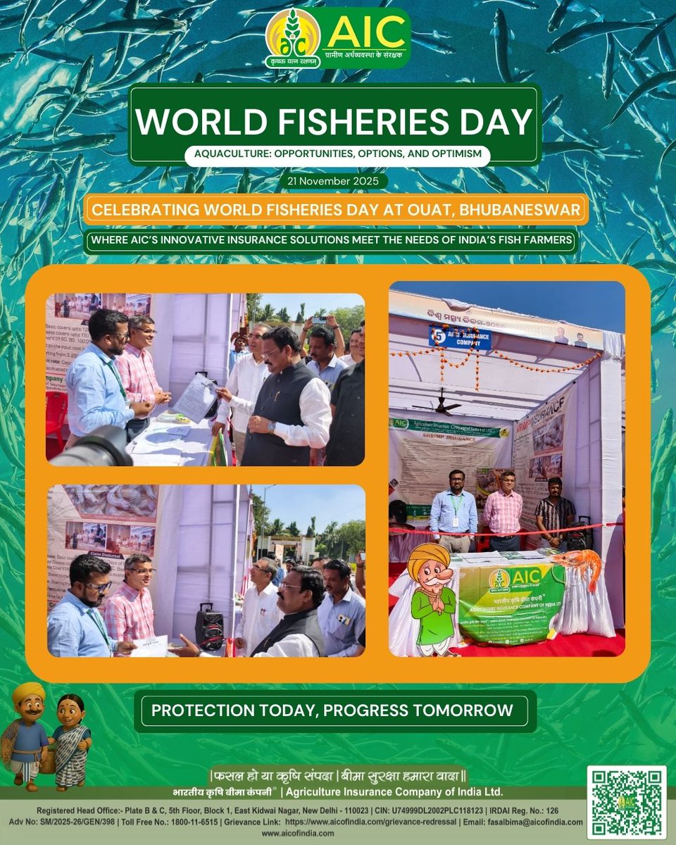 aicofindia's tweet photo. On World Fisheries Day, AIC actively organized Aquaculture Insurance Policy Distribution functions and participated in national-level events to create awareness on aqua and shrimp insurance. As part of the celebration, AIC also distributed fish seedlings to motivate and encourage the aquaculture farming sector.

Aligned with the 2025 theme — ‘India's Blue Transformation: Strengthening Value Addition in Seafood Exports’, AIC continues to support and empower aqua and shrimp farmers across India’s 7,516 km coastal length and vast inland aquaculture areas, further driving the nation’s Blue Revolution.

#WorldFisheriesDay #AIC #AquacultureInsurance #ShrimpInsurance #BlueTransformation #BlueEconomy #Aquaculture #Fisheries #SeafoodExports #BlueRevolution #FarmersFirst #CoastalIndia #InlandAquaculture #SustainableFarming