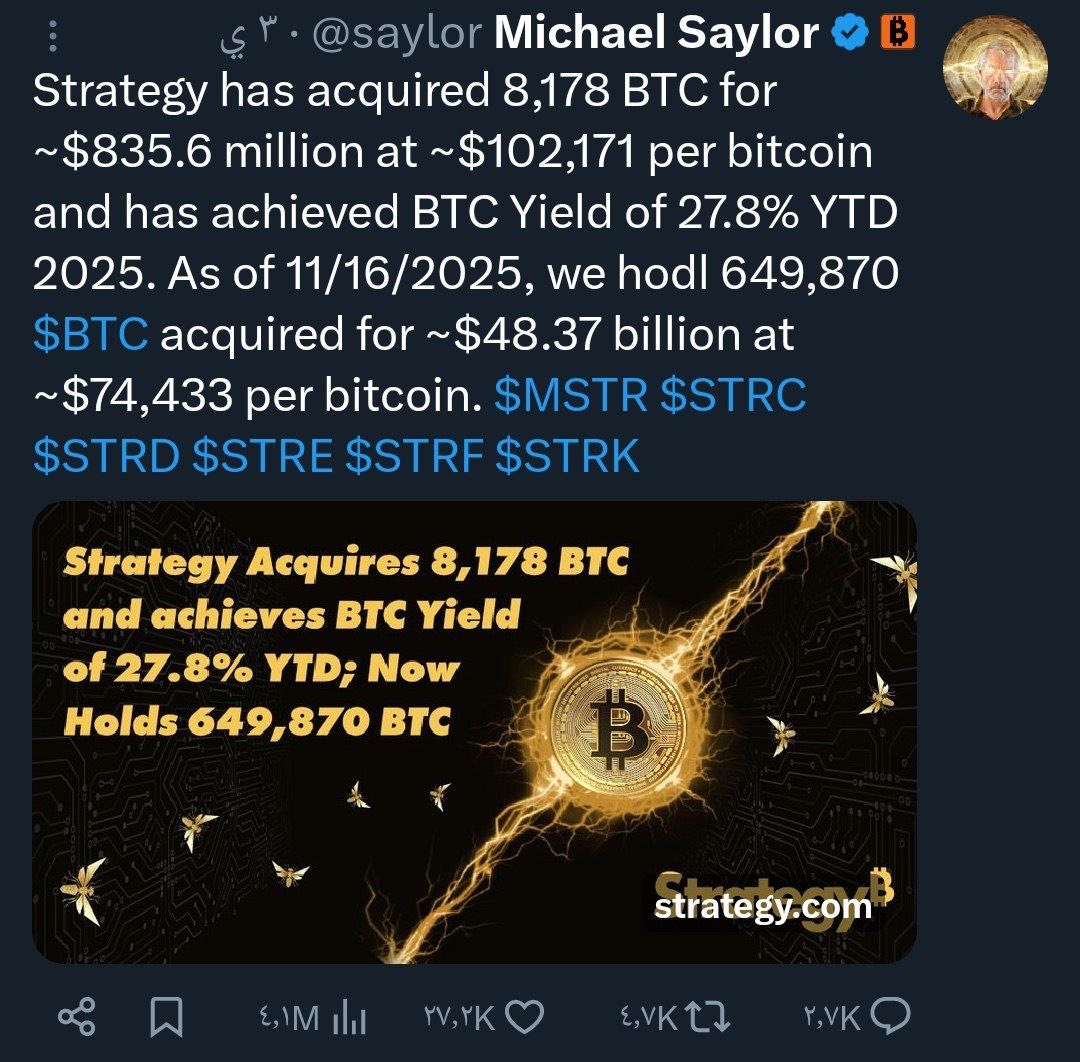 مش وحدك الي خسران الأن 
كان ربحان Michael saylor حوالي 32 مليار وتبخرت بهذا الهبوط وبعيد عن متوسط دخوله 9% !! .
- إذا الحيتان تخسر فمن نكون نحن ويجيك واحد يقولك أنقذكم من الهبوط والعالم صار لها سنة خسرانه من اسعار مرتفعه. 
الصبر الصبر بيرجع السوق ان شاء الله 
#BTC