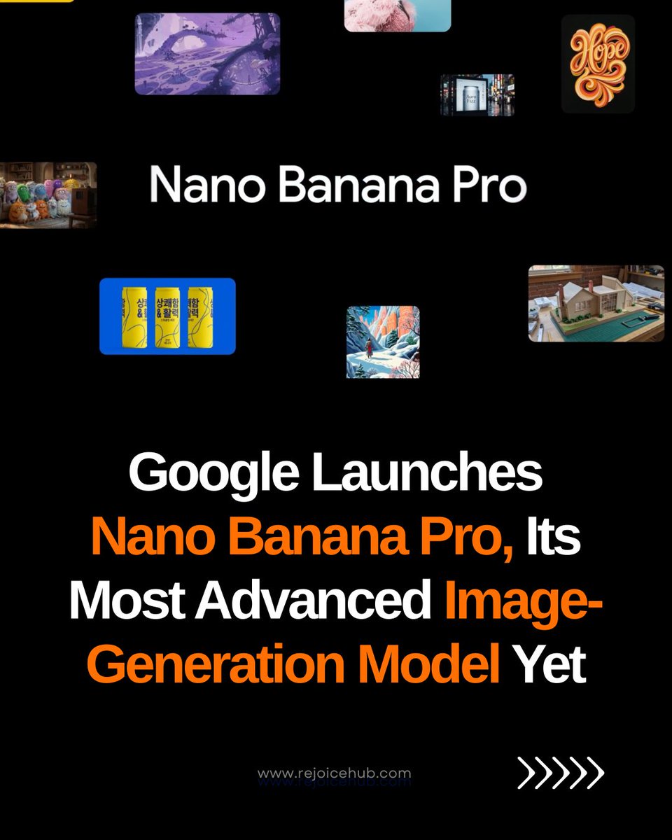 Rejoicehub's tweet image. Google just unveiled Nano Banana Pro, its most powerful image-generation model yet.🚀🔥
.
.
#rejoicehubllp #nanobananapro #googleai #aimodel
#generativeai #aiediting #visualtech #technews
#aiadvancement #googleupdate #aiinnovation
#techupdate #gemini #foryou