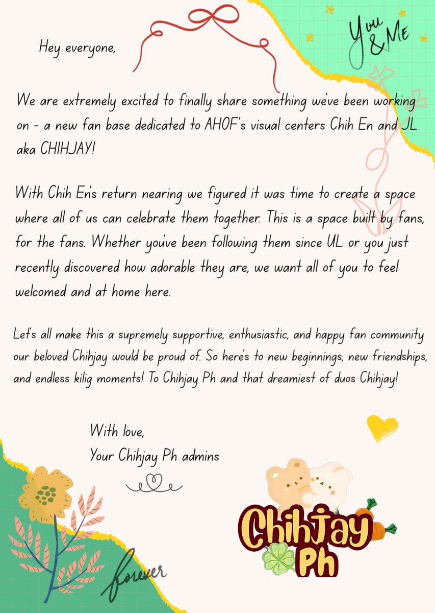 ChihJayPHFB's tweet photo. For anyone who has ever been drawn by Chihjay's magnetic chemistry, their genuine interactions, or their warm authentic smiles, then this is for you. In return for all the joy, strength, and inspiration they give us, let us cherish our precious bunny &amp; bear duo together ✨🐇🧸💖 https://t.co/38SGCig7iB