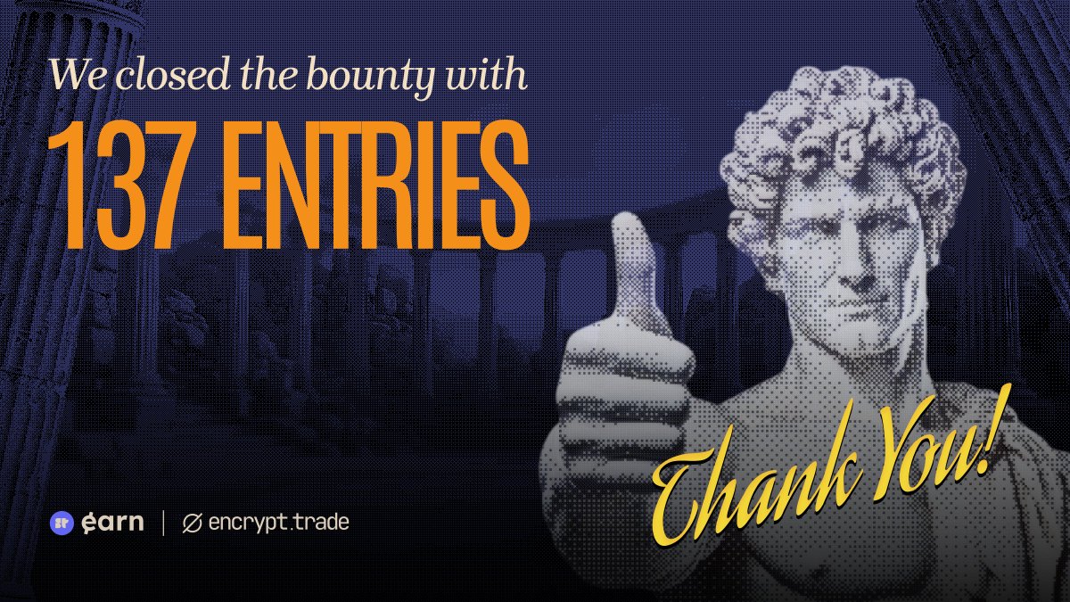 encifherio's tweet image. We’ve officially wrapped up the encrypt(.)trade bounty with 137 submissions.

Thank you to everyone who participated, we’re reviewing everything now and will announce winners soon 🫡

Huge shoutout to @SuperteamEarn @SuperteamIN for the support.

Till then, lets make privacy…