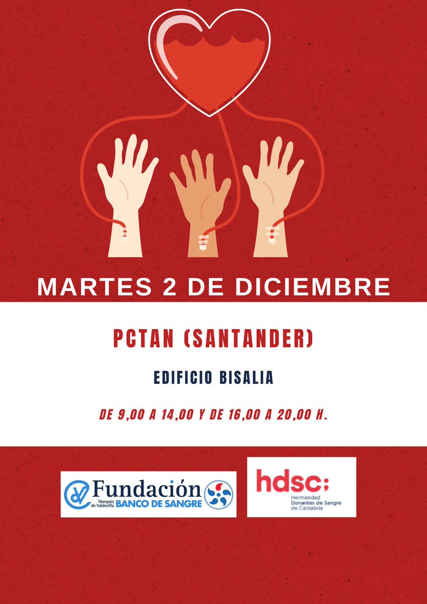BSCANTABRIA's tweet image. Te esperamos este MARTES 2 de diciembre
en el #PCTCAN de #SANTANDER  
@saludsantander 

💉Cada gota cuenta.
Cada donación puede salvar hasta 3 #vidas.

📌Niños con #leucemia
📌Adultos en #cirugía
📌#Accidentes de tránsito
📌Personas con #enfermedades crónicas 

#donasangre  #dona