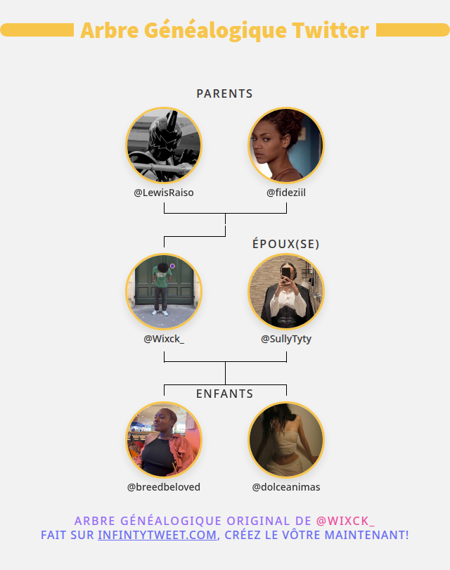 👨‍👩‍👧‍👦 Ma Famille Twitter:
👫 Parents: <a href="/LewisRaiso/">Lewis</a> <a href="/fideziil/">fidezil</a>
👰 Époux(se): <a href="/SullyTyty/">Wootychim🙃</a>
👶 Enfants: <a href="/breedbeloved/">𝐀𝐩𝐡𝐫𝐨𝐝𝐢𝐭𝐞✨</a> <a href="/dolceanimas/">Electra 🪐 ⵣ</a>

➡️ infintytweet.me/family-tree?la…