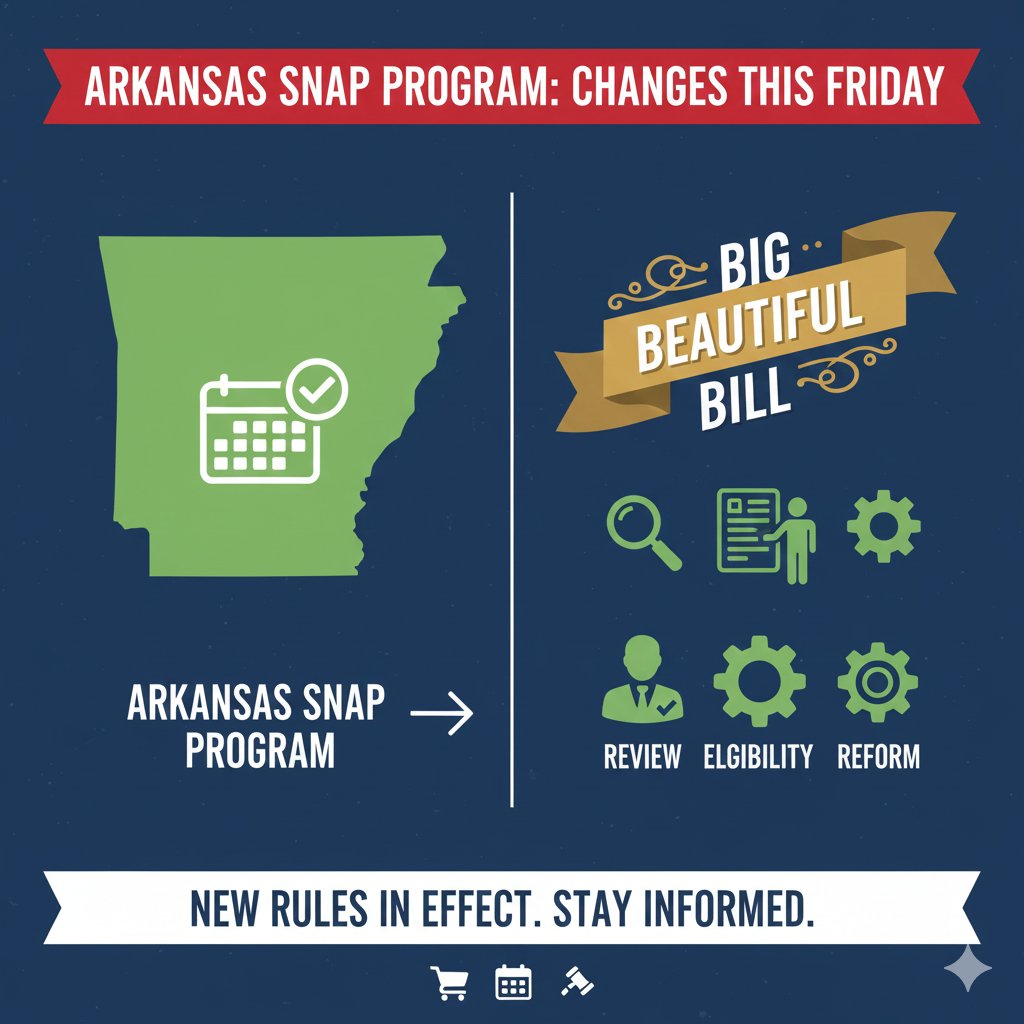 CheckMedicaid's tweet image. Changes are coming to the Arkansas SNAP program this Friday, stemming from the recently passed &quot;Big Beautiful Bill&quot;.

 #Arkansas #SNAPProgram #BigBeautifulBill #FoodPolicy