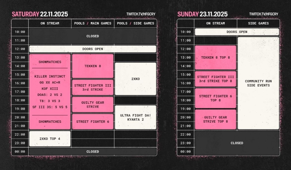 HelsinkiFGC's tweet photo. Here's the schedule for tomorrow at Re:Install 3. If you can't make it to the event, tune in to the stream!

On Saturday, we'll have the showmatches and 2XKO Top 4 streamed, while on Sunday we have each main game top 8 streaming! https://t.co/m8FniNySEZ
