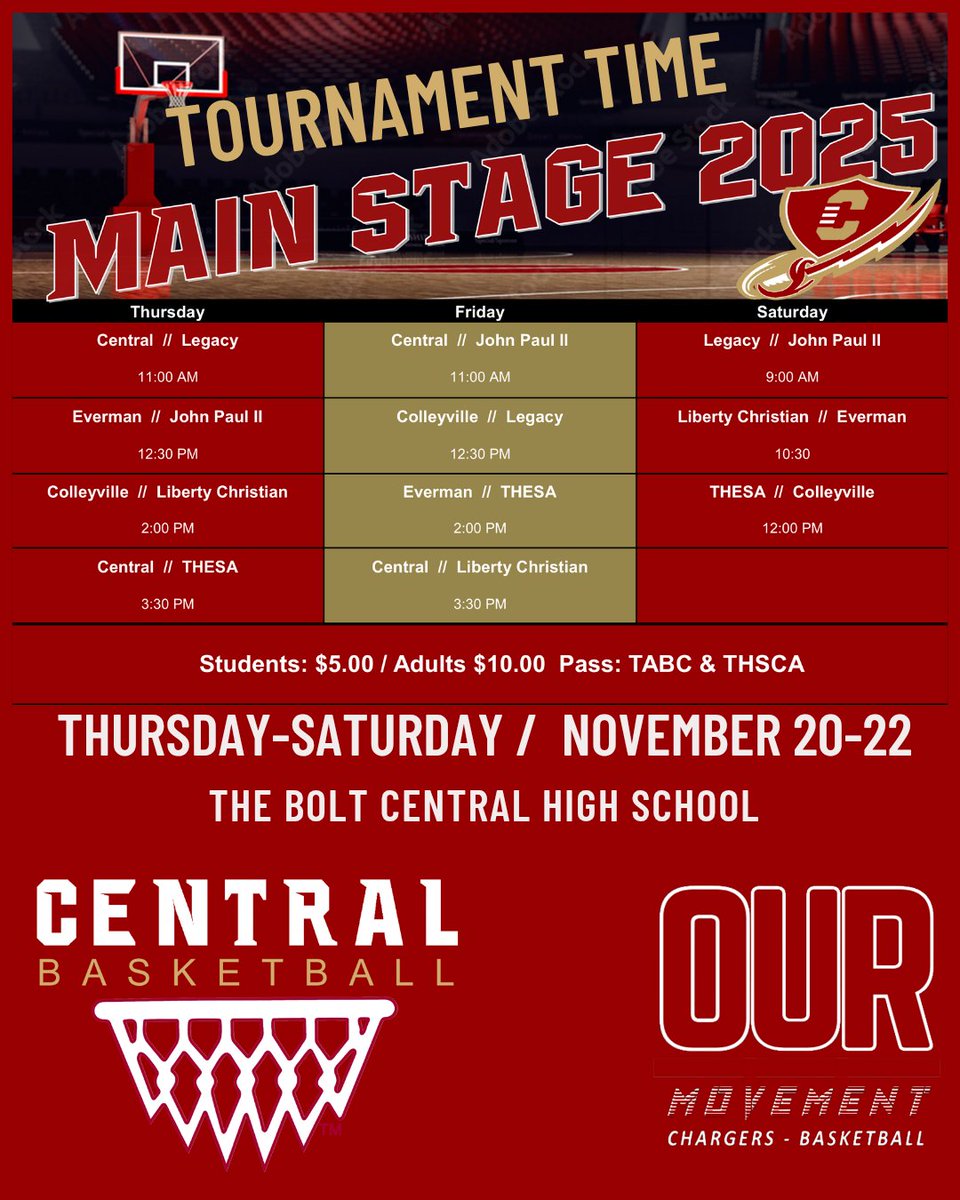 CentralHoops's tweet image. TOURNAMENT  TIME⚡🏀

@KellerCentralHS Men’s Basketball /// is back in action today. 

📅 Thursday, November 21
⏰ 11:00 AM vs John Paul II
⏰️ 3:30 PM vs Liberty Christian 
📍 @KellerCentralHS 

#ChargerPride
#PushThru
#OurMovement

@KellerISD
@KISDAthletics