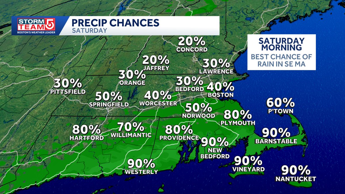 Met_CindyFitz's tweet image. SATURDAY MORNING..
Some light rain targets the southeast corner of MA.  Rain moves in around sunrise tapers off from N to S mid to late morning.  Sunshine for the afternoon. You&apos;ll want some rain gear for the parade in Plymouth- but should begin drying as it gets underway #WCVB