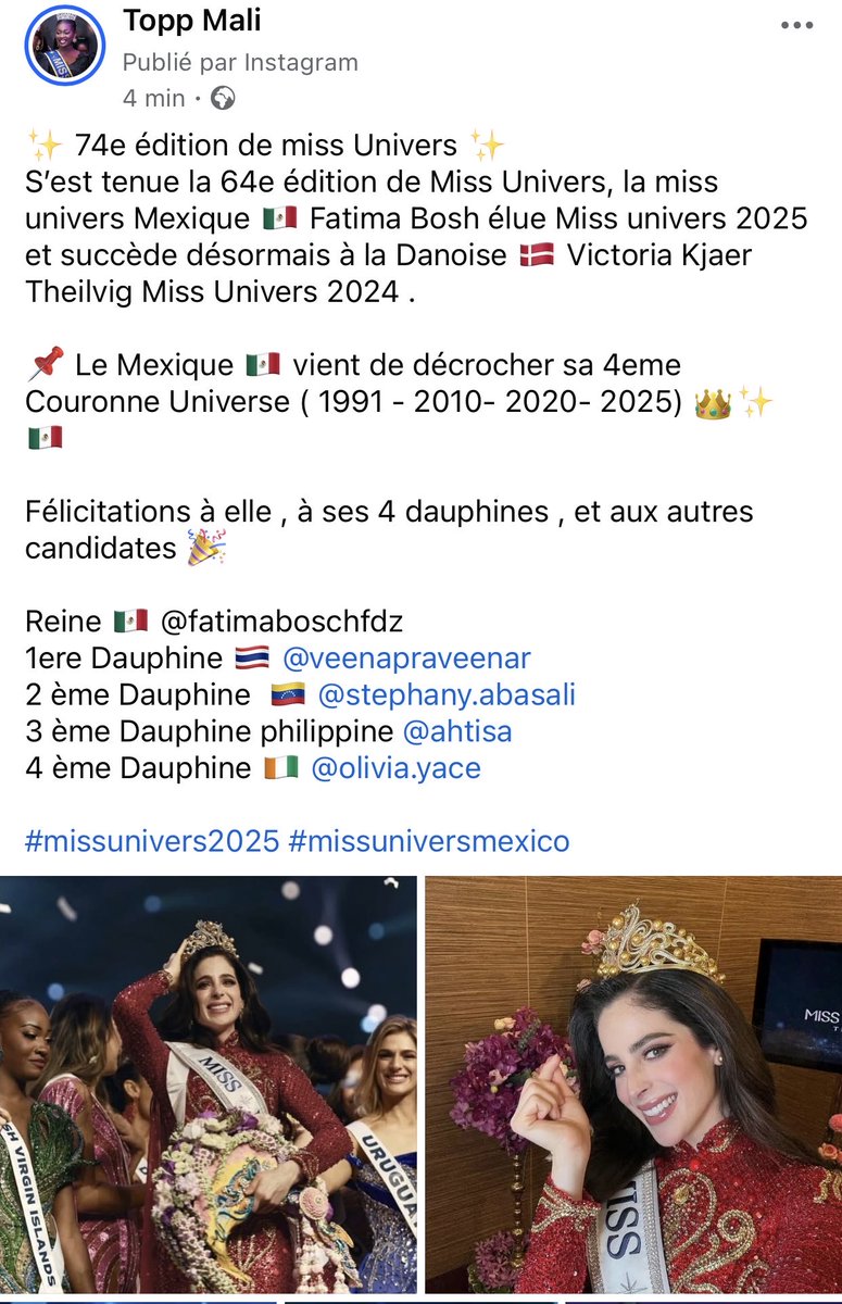 toppmali's tweet photo. Miss Mexique 🇲🇽 élue Miss Univers 2025 , elle succède désormais à la Danoise 🇩🇰 Victoria Kjaer Miss Univers 2024 . https://t.co/QsYa5jNt1p