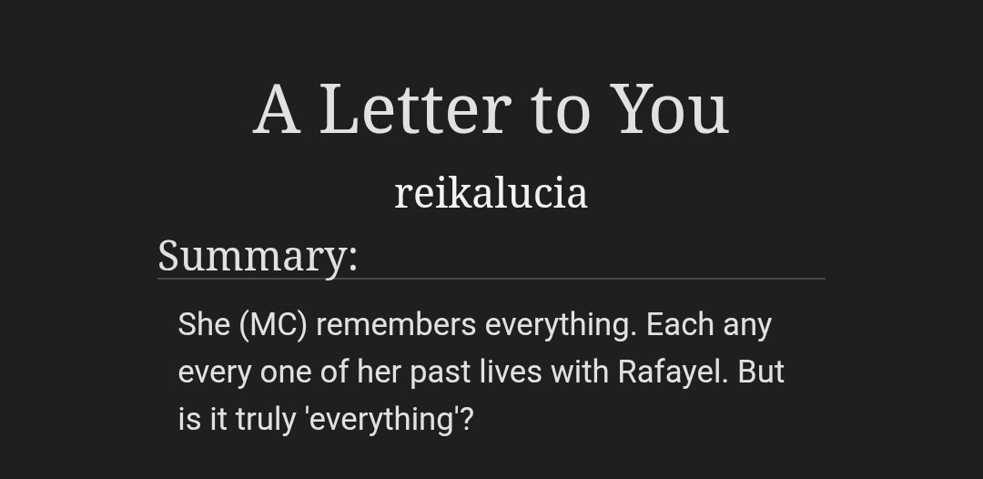 I never posted this in X cause I always forget 

But here it is,
Raf X Fem!MC fanfic I made months ago.
It's angsty, kinda (?)
archiveofourown.org/works/67596931…

#LoveandDeepspace #Rafayel #祁煜 #ホムラ #恋と深空 #恋与深空