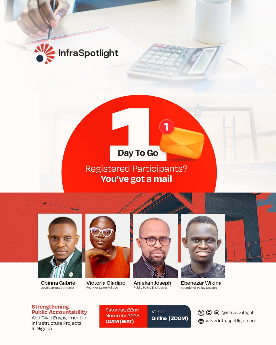 InfraSpotlight's tweet photo. Just 1 day to go!
Tomorrow, join our amazing speakers as we explore public accountability and civic engagement in infrastructure development.
Tune in via the link 👇:
https://t.co/LsYukS2dbt
#InfrastructureForAll #Policy #Governance https://t.co/v9Hl92Sf2r