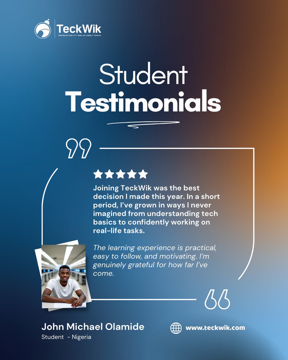 Teckwik10's tweet image. Real students. Real results. 
Hear how Techwik helped learners break into tech and start doing what they love!

visist: teckwik.com
#TechwikImpact #TechStudents #tech