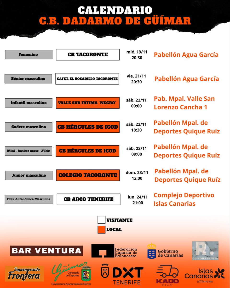 📅 Calendario C.B. Dadarmo de Güímar
Semana cargada de baloncesto 🏀🧡

🔥 ¡Vamos Dadarmo!
#Baloncesto #Güímar #BasketCanarias #Vamosdadarmo