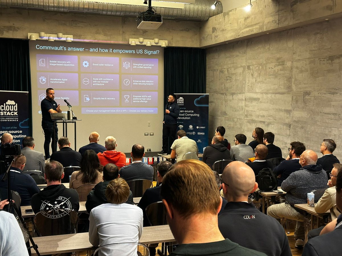 CloudStack's tweet image. In the Mercurio Room, David Humes of @ussignalcom  and Ruben Renders of @Commvault present Image-Based Backups with #CloudStack APIs, showing how US Signal and Commvault are bringing native backup and recovery directly into #CloudStack.