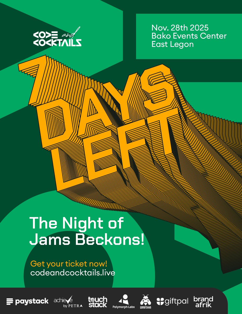 codeNcocktails's tweet image. The count is on!!
7 days until we relax, drink some cocktails and jam our bugs away!

We can’t wait to see you.
📆Nov. 28th 2025 || 6:00pm || Bako Events Center

🎫Get tickets now:
codeandcocktails.live