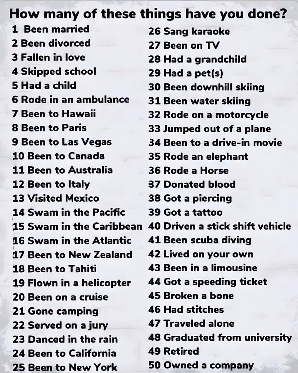 KimwiseUTDSeven's tweet image. write out things you’ve done from the list below, lets see who has done the most 😁