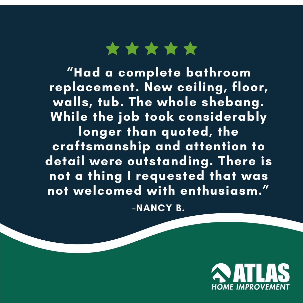 Nothing makes us happier than hearing how much our customers love their new bathrooms! 🛁

Thank you, Nancy, for trusting the Atlas team with your remodel - every detail matters. 💙
#AtlasHomeImprovement #BathroomRemodel #CustomerAppreciation