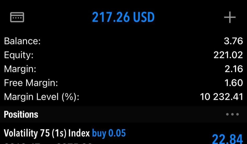 $3 to $217 within 19 min

Once you master this skills it's over, no connection needed

I remember when i couldn't afford rent, no food on the table only God knows 🙏

I'm looking to connect with more traders who trade Volatility Indices, Gold, Forex,Crypto

please Let’s connect