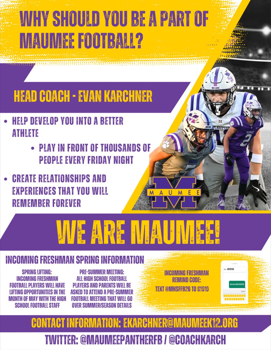 MaumeePantherFB's tweet image. ATTENTION: Future Panthers — Class of 2029!
Your time is NOW.

If you want to become a better athlete…
If you want to compete under the Friday Night Lights in front of thousands…
If you want to build lifelong friendships, memories, and a brotherhood that lasts forever…

Then…