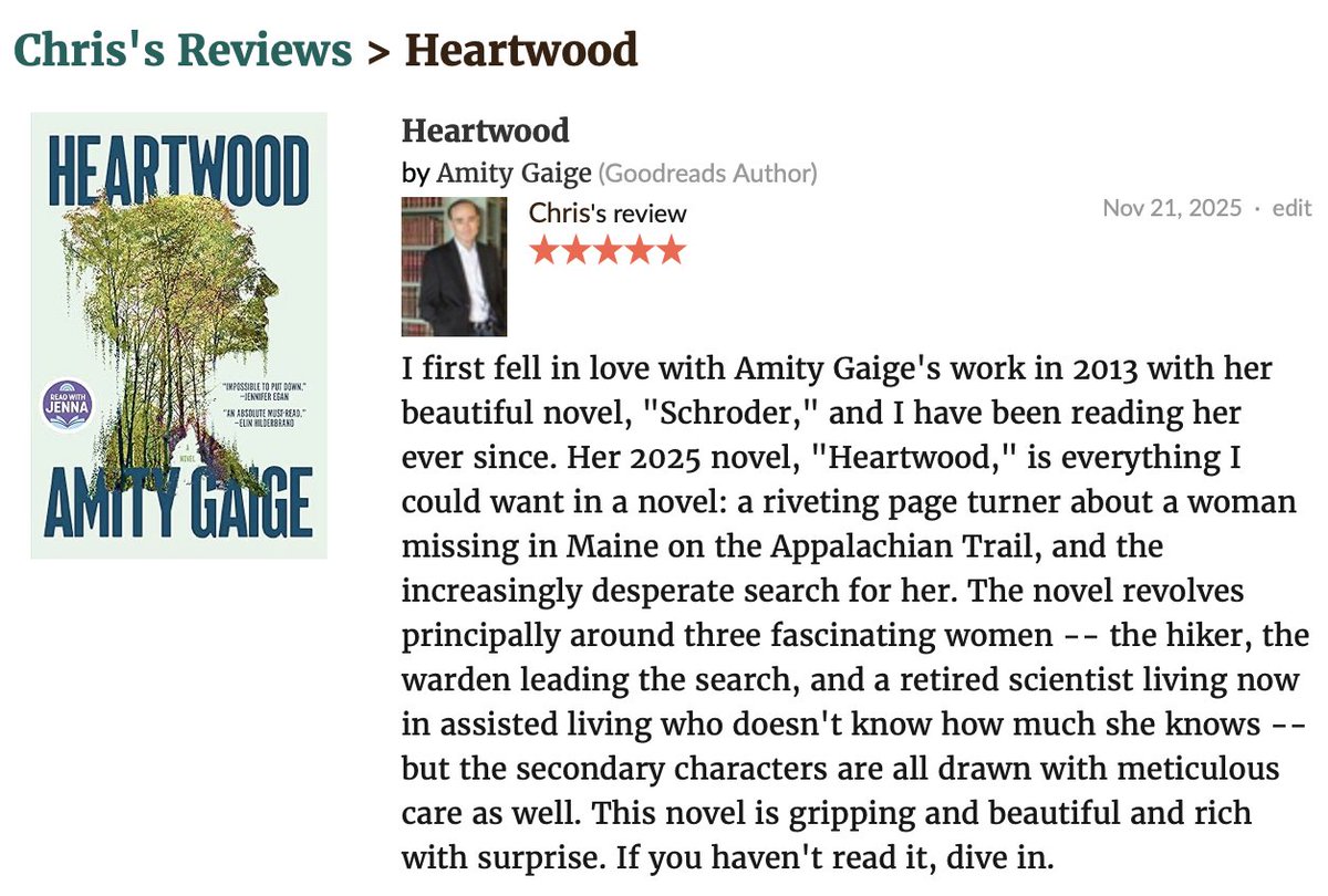 ChrisBohjalian's tweet image. Good morning, my friends. Yes, I loved Amity Gaige's HEARTWOOD. You will, too. @simonschuster @JennaBushHager @goodreads #FridayReads