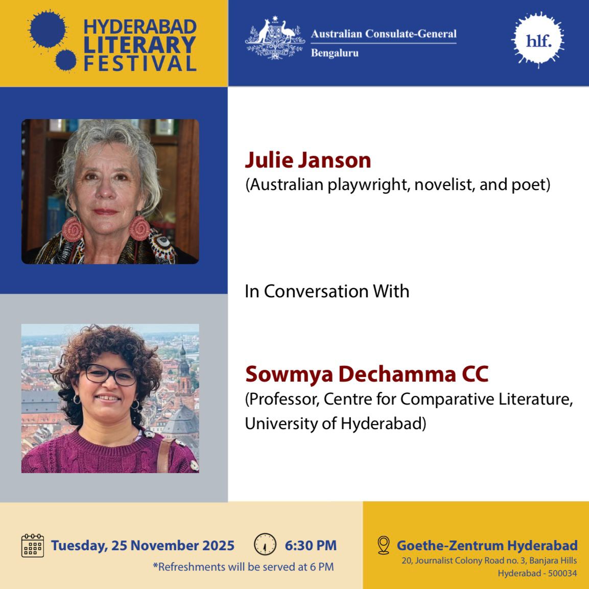 suroor_alikhan's tweet image. Tuesday 25 November, 6:30 PM IST, Hyderabad, India: Indigenous Australian author Julie Janson will be in conversation with Sowmya Dechamma at a @HydLitFest event.
Link to RSVP to the session: surl.li/vkhnqp
#authorinterview #literaryevent #literaryfestival