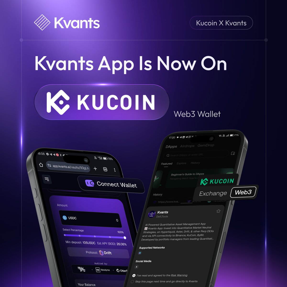 KvantsAI's tweet image. Our latest wallet integration is live!

The @KuCoin_Web3 wallet is now fully available inside the @KvantsAI App.

This latest integration gives investors a seamless way to deposit, manage, and interact with their selected vault strategies. 🔥

Get started: ⏬…