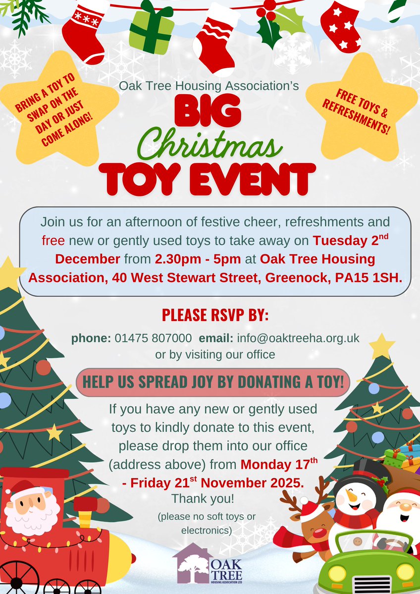 OakTreeHA's tweet image. We’re hosting a Big Christmas Toy Event on Tuesday 2nd December from 2.30pm – 5pm at 40 West Stewart Street, Greenock, PA15 1SH. Come along and pick up free toys and gifts ahead of Christmas!🎄