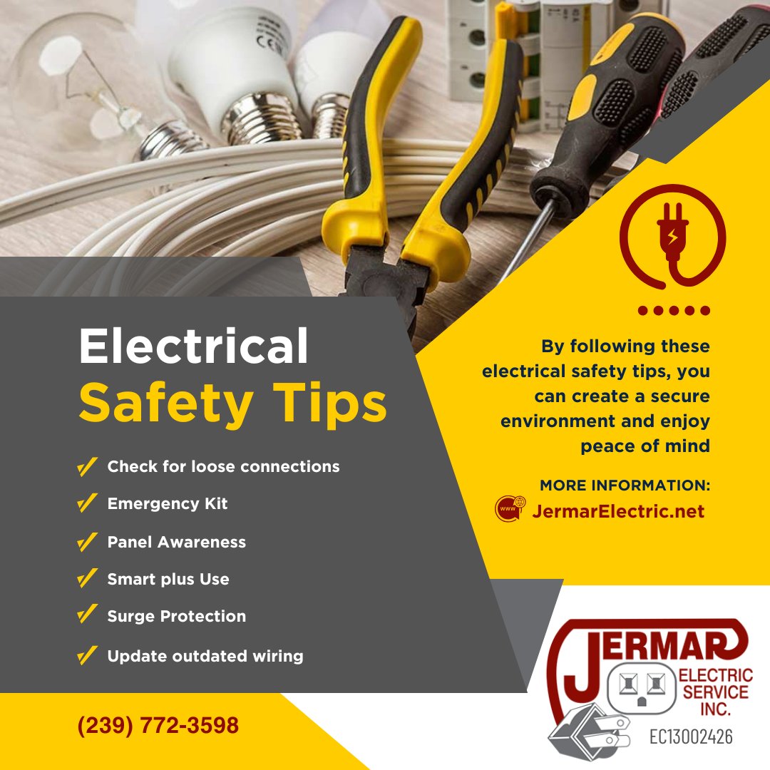 jermarelecfl's tweet image. 🔌⚡ At Jermar Electric, safety is paramount. 
⚡ Emergency Kit
⚡ Panel Awareness
⚡ Smart Plug Use
⚡ Surge Protection
We’re here to help with any electrical concerns. Stay prepared and stay safe! 💡
Call 239-772-3598
jermarelectric.net