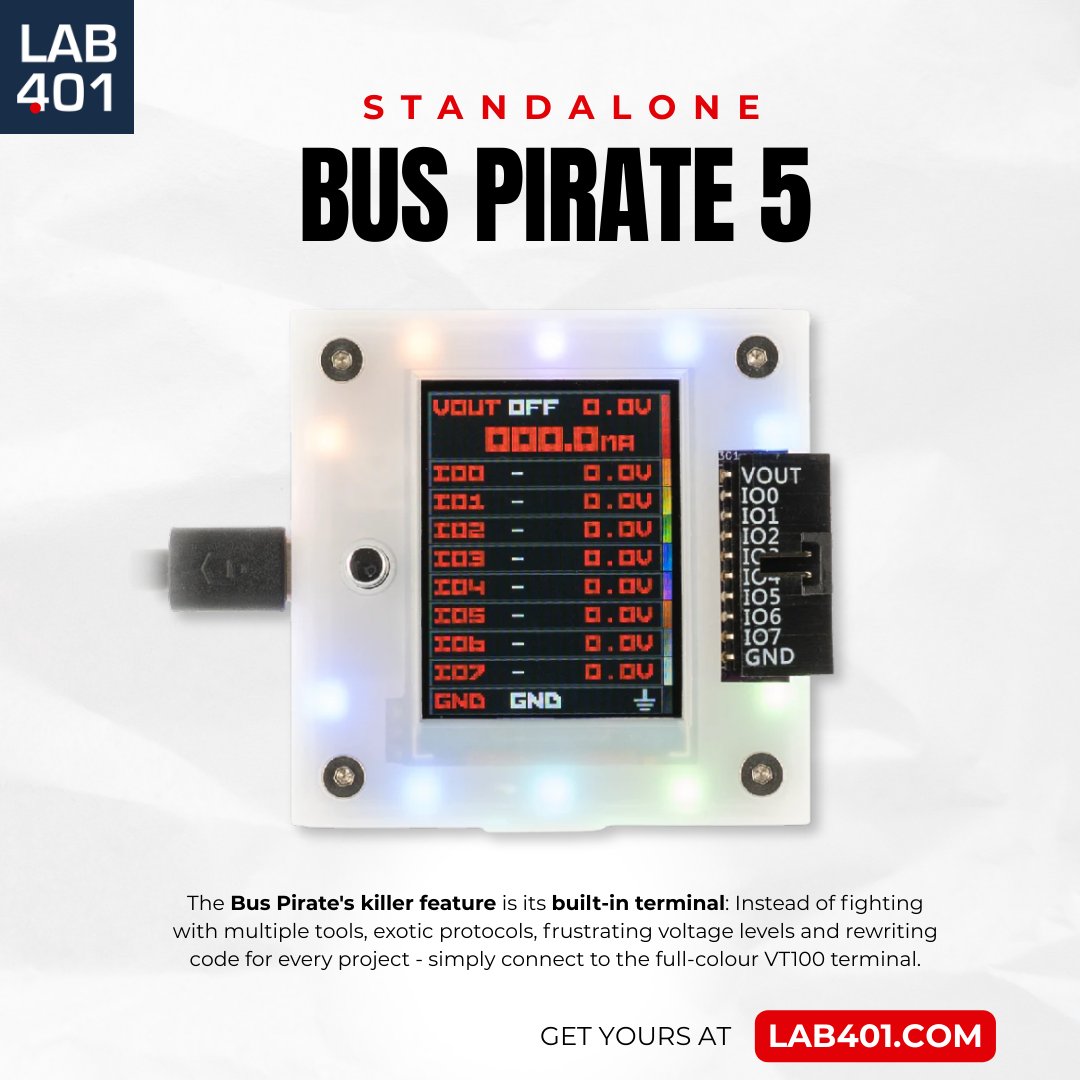 Lab_401's tweet image. 🛠️ Meet the legendary Bus Pirate – the ultimate tool for hardware hacking, debugging, and development! From flashing MCUs to sniffing protocols, it does it all. l.lab401.com/sr5oD 
#HardwareHacking #BusPirate #Lab401 #pentesting #infosec