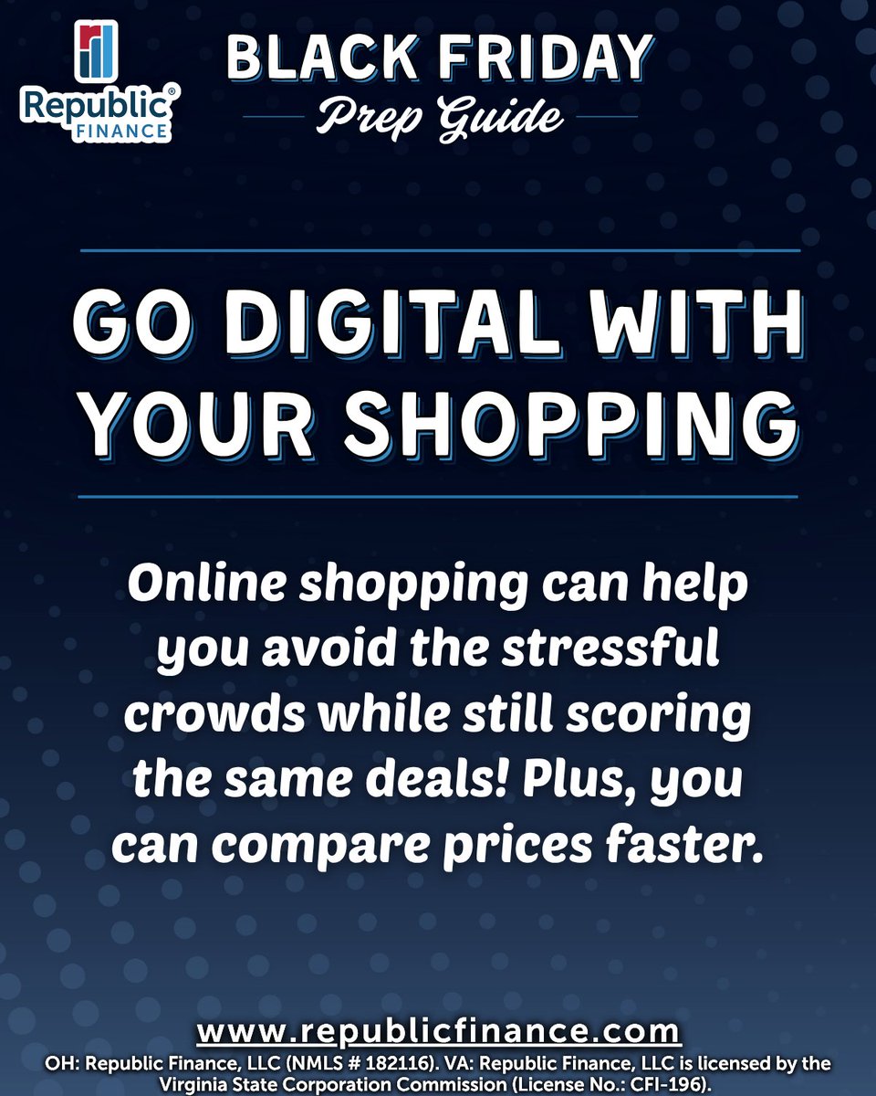 RepFinance's tweet image. Black Friday tip: Protect your peace while you shop!😌

Because caring for yourself is the best deal of all! And if you need a little extra funding, see how Republic Finance could help with a Holiday Loan!

What’s your favorite way to recharge after a busy shopping day?