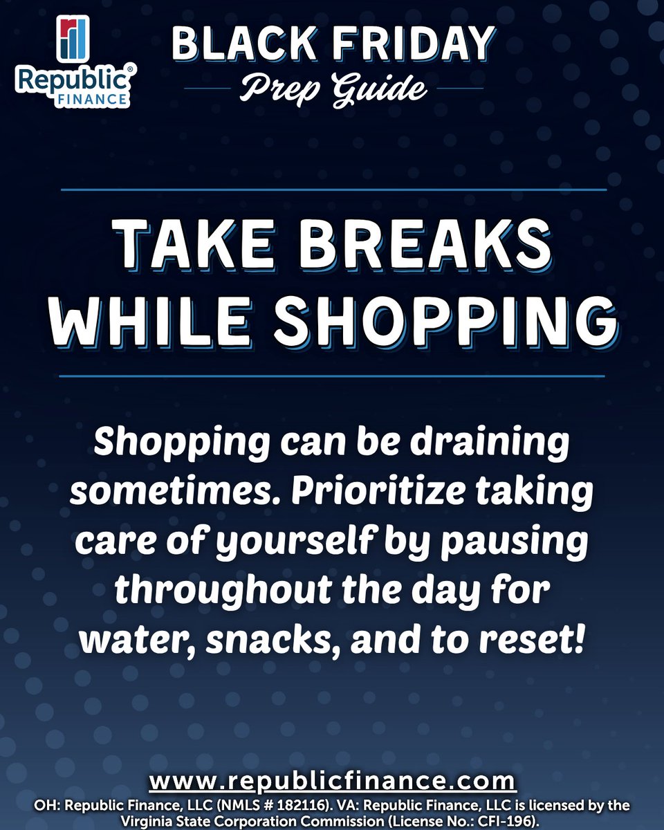 RepFinance's tweet image. Black Friday tip: Protect your peace while you shop!😌

Because caring for yourself is the best deal of all! And if you need a little extra funding, see how Republic Finance could help with a Holiday Loan!

What’s your favorite way to recharge after a busy shopping day?