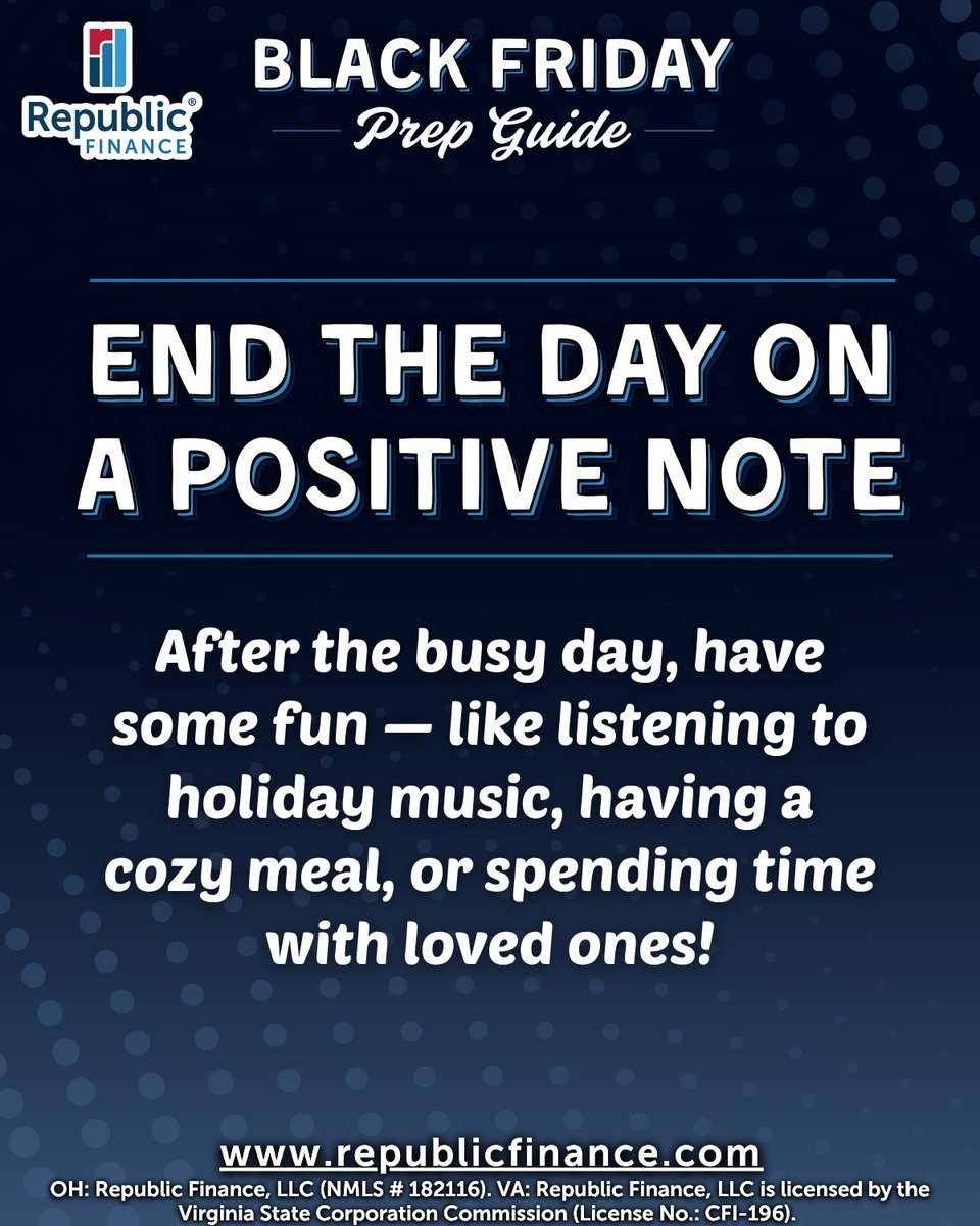 RepFinance's tweet image. Black Friday tip: Protect your peace while you shop!😌

Because caring for yourself is the best deal of all! And if you need a little extra funding, see how Republic Finance could help with a Holiday Loan!

What’s your favorite way to recharge after a busy shopping day?