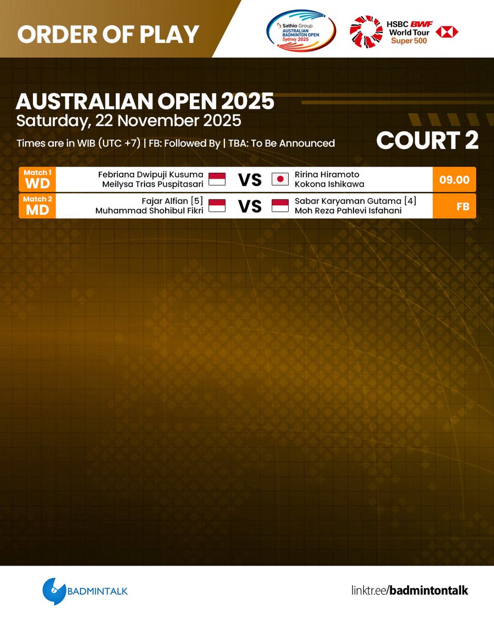 Order of Play - #AustralianOpen2025 (Day 5)

IT'S SEMIFINAL DAY!

Saturday, 22 November 2025
First match starts at 08.00 WIB

What are your predictions?