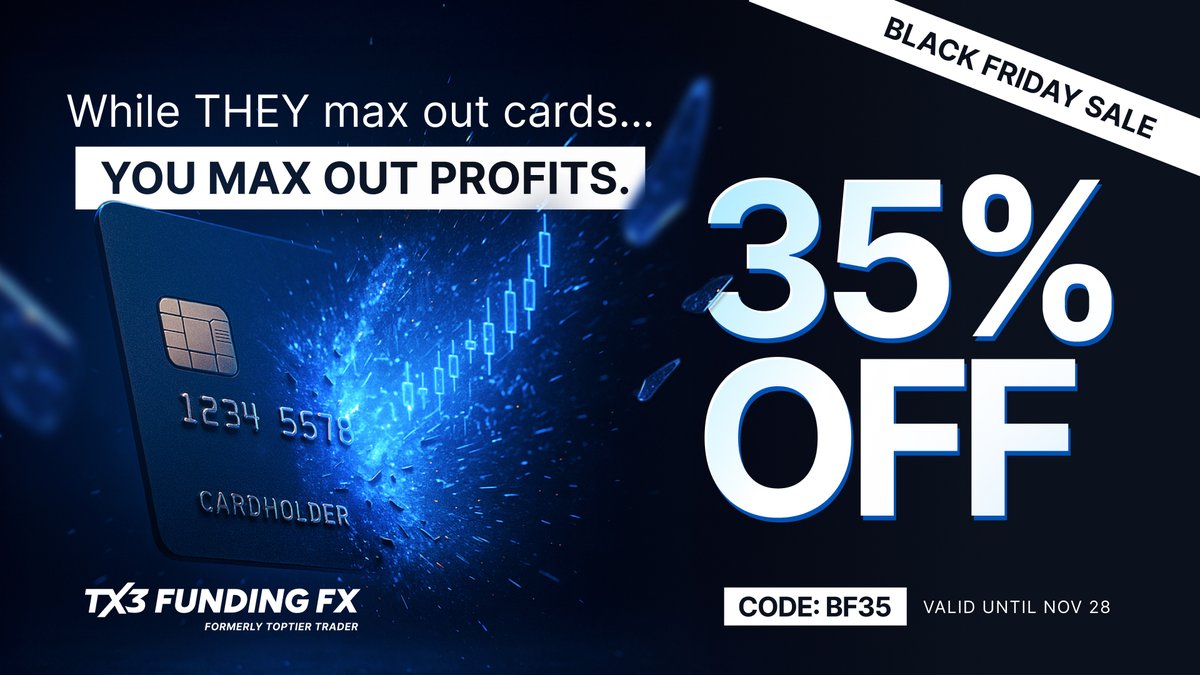 tx3funding's tweet image. Black Friday starts NOW. ⚡️
Get 35% OFF all Pro, Single Phase, and Flex challenges with code BF35.
Valid Nov 21–28.

#TX3Funding #PropTrading