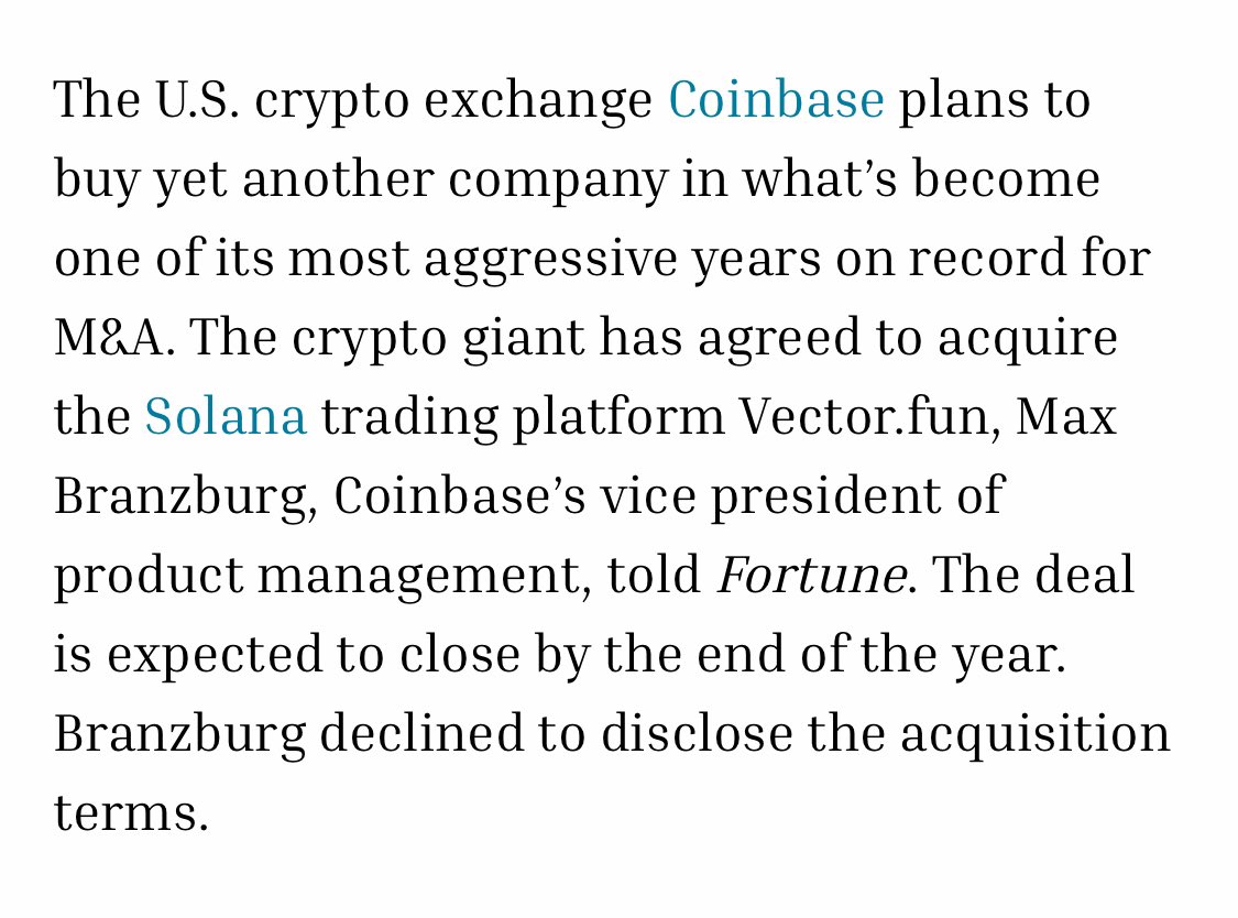 Announcement of Coinbase acquiring Vector.fun