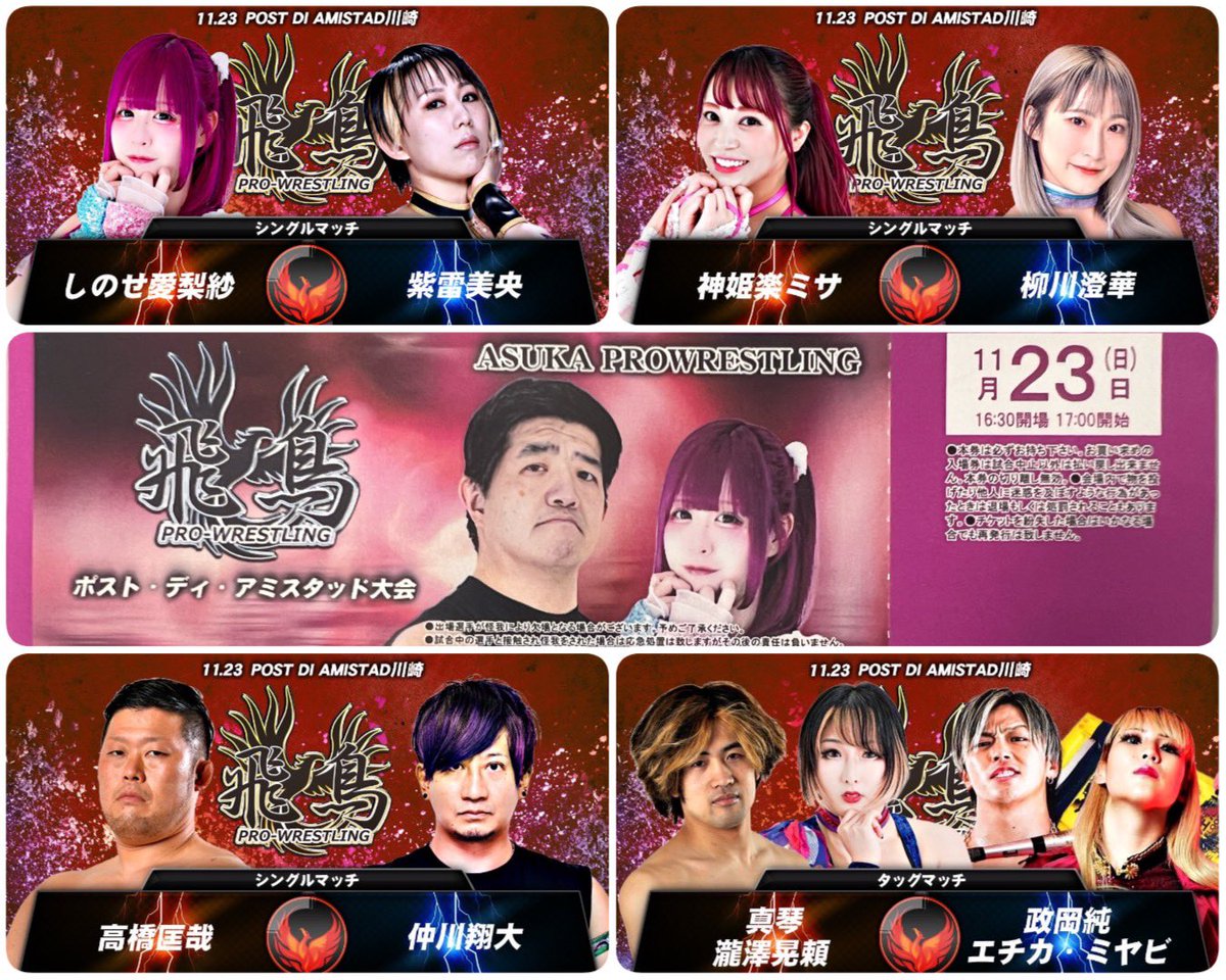 Kentaamu's tweet image. 私の推し #しのせ愛梨紗 選手が所属する  
#飛鳥プロレス の次回大会が近づいてきました。

11月23日（日）アミスタ大会  
16:30 OPEN / 17:00 START  
（昼間はディアナがアミスタで開催）

見どころ盛りだくさんの大会です。終わったら興奮と感動で胸がいっぱいになるはず！…