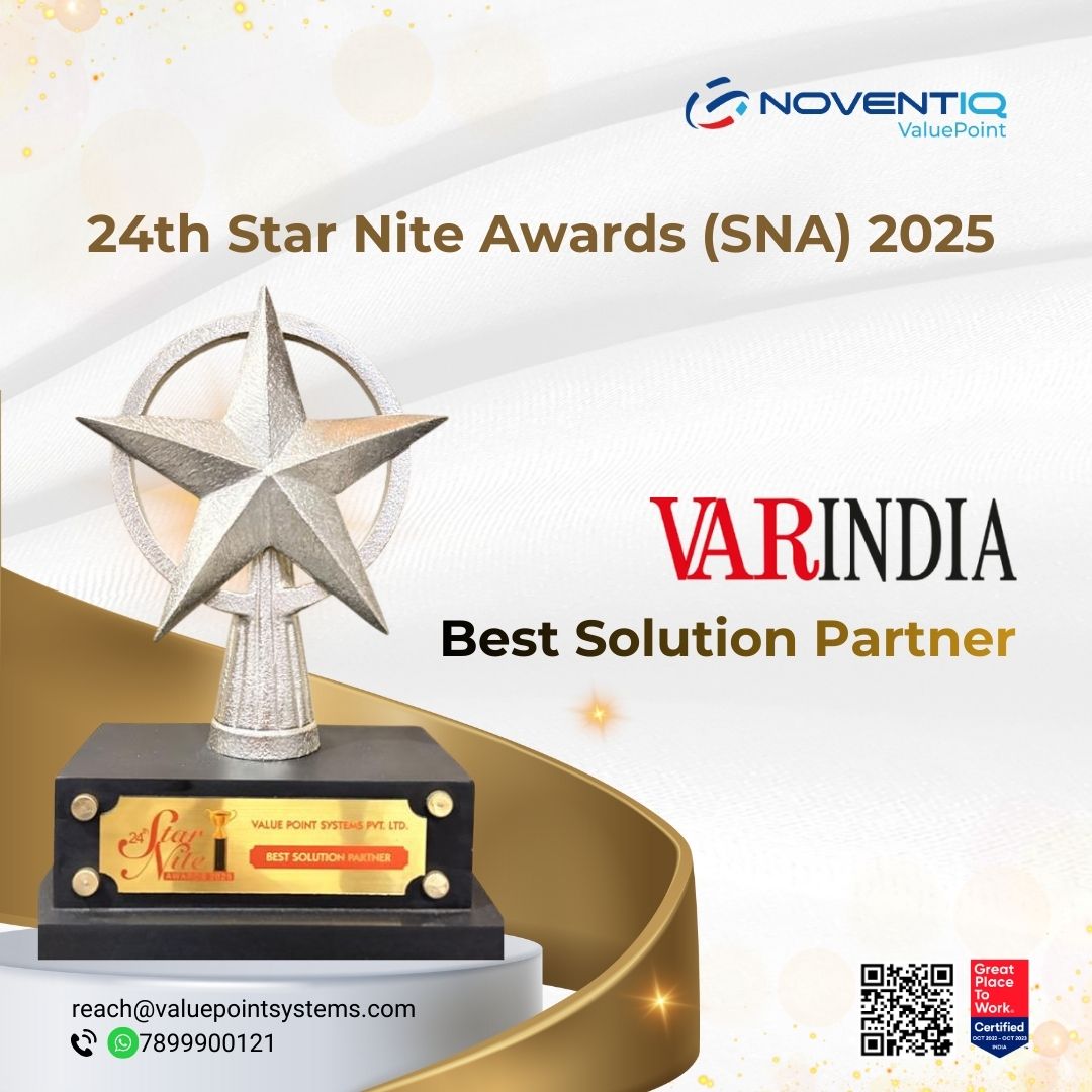 valuepointsys's tweet image. 🎉 Proud moment for @valuepointsys !
Honored with Best Solution Partner at the 24th Star Nite Awards by VARINDIA!
Grateful to our team &amp;amp; partners for driving innovation and business impact. 
#Noventiq #ValuePointSystems #StarNiteAwards #BestSolutionPartner #DigitalTransformation