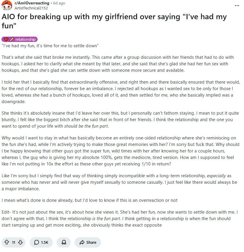 reddit_lies's tweet image. Her: &quot;&apos;I&apos;ve had my fun now I&apos;m settling for you&quot;
Him: Leaves

This is the most controversial thread of the week on Reddit.