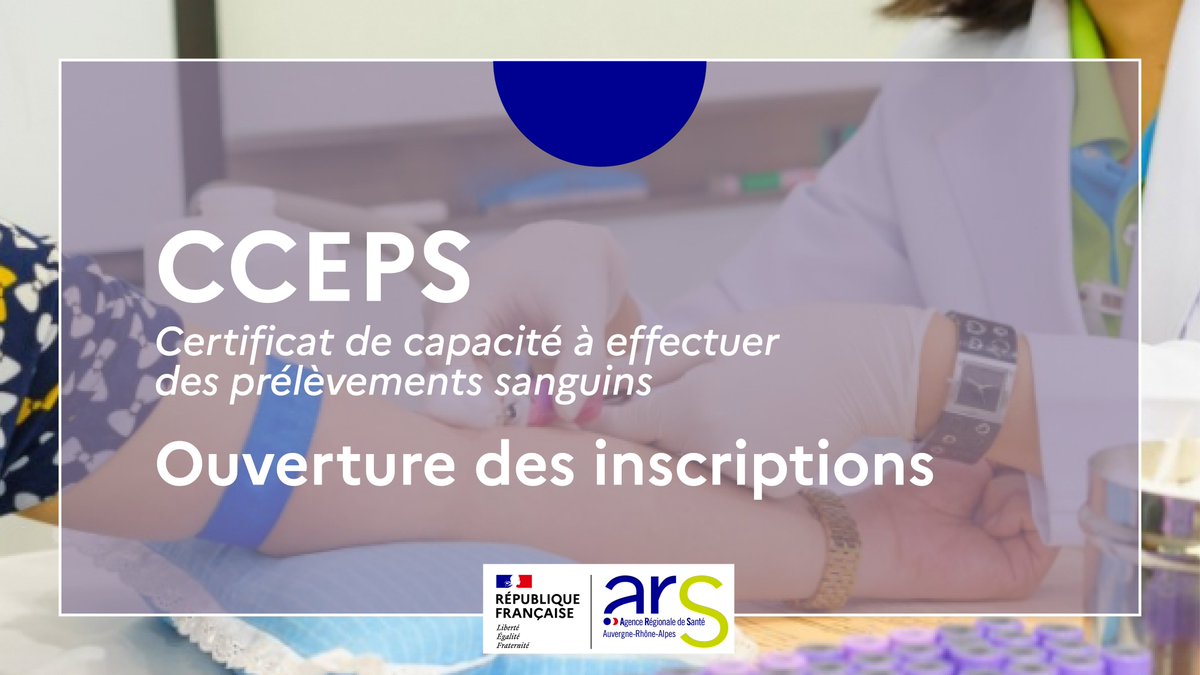 ARS_ARA_SANTE's tweet photo. #FormationSanté | Ouverture des inscriptions pour le certificat de capacité à effectuer des prélèvements sanguins #CCEPS
📅Calendrier des épreuves et centres d'examen pour la région 👉https://t.co/nLyvE4xJaY https://t.co/1LAetd29lH