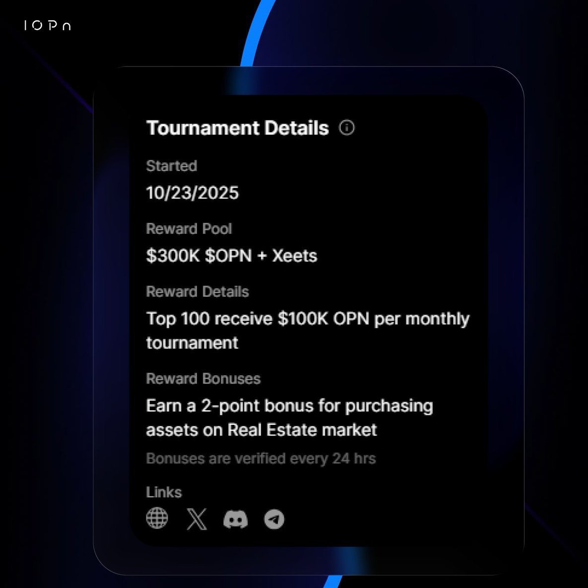 IOPn_io's tweet image. OPN Tokenization tasks are live on @xeetdotai.

Purchase an asset on the real estate market and earn points.

Get started now! → xeet.ai/signals/iopn

Accelerate ⋂