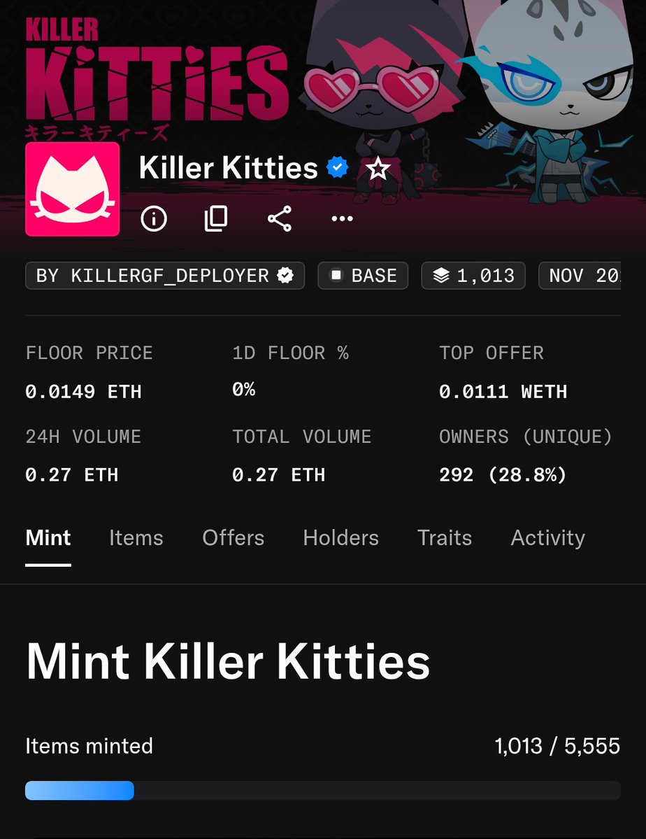 Over 1000 kitties claimed!! Just under 12 hours to claim if you hold a <a href="/killergfnft/">KILLER GF</a> !! Don't miss out! ⚔️❤️
