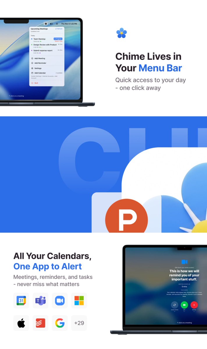 uxderrick's tweet image. 🚨 We just launched Chime on Product Hunt! 🚨

Built so you do not forget your important commitments: 
- Full-screen alerts that are IMPOSSIBLE to ignore. 
- Unifies All Your Calendars + Apple Reminders + Todoist Tasks. 
- Auto-detects 30+ video platforms. 
- One-click join.…